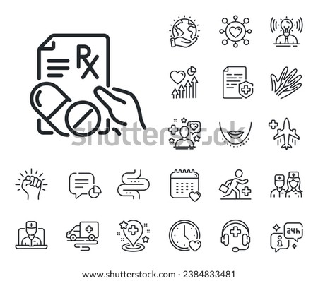 Medicine drugs pills sign. Online doctor, patient and medicine outline icons. Prescription Rx recipe line icon. Prescription drugs line sign. Veins, nerves and cosmetic procedure icon. Vector