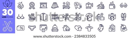 Bathrobe, Bra and Wallet line icons pack. Wallet money, T-shirt, Panties web icon. Discount medal, Add handbag, Scissors pictogram. Sale tag, Furniture moving, Discounts offer. Hot offer. Vector