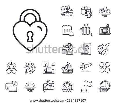 Honeymoon bridge locker sign. Plane jet, travel map and baggage claim outline icons. Love lock line icon. Couple relationships symbol. Love lock line sign. Car rental, taxi transport icon. Vector