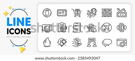 Seo gear, Talk bubble and Shopping cart line icons set for app include Rfp, Bitcoin exchange, Report document outline thin icon. Fire energy, Loan percent, International flight pictogram icon. Vector