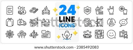 Icons set of Car travel, Eye protection and Comments line icons pack for app with Versatile, Fast food, Entrance thin outline icon. Hoody, Freezing click, Sea mountains pictogram. Vector