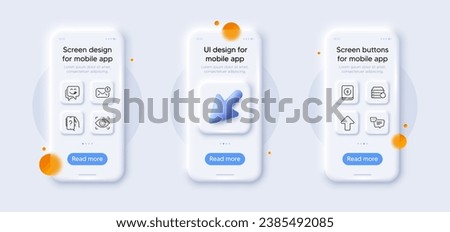 Recovery server, Yummy smile and Ask question line icons pack. 3d phone mockups with cursor. Glass smartphone screen. Eye detect, Power bank, Upload web icon. Vector