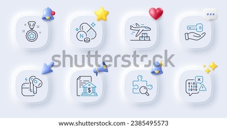 Winner reward, Headset and Buying house line icons. Buttons with 3d bell, chat speech, cursor. Pack of Vitamin n, Binary code, Search puzzle icon. Bank document, Delivery plane pictogram. Vector