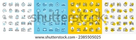 Vector icons set of Confirmed flight, Online delivery and Delivery warning line icons pack for web with Charging time, Rocket, Travel compass outline icon. Car wash, Gas station. Vector
