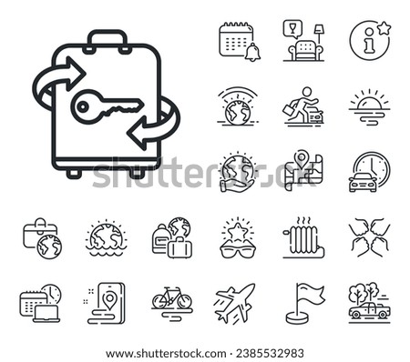 Baggage Locker sign. Plane jet, travel map and baggage claim outline icons. Luggage room line icon. Travel service symbol. Luggage line sign. Car rental, taxi transport icon. Place location. Vector