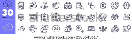 Web traffic, Hold smartphone and Search text line icons pack. Medical flight, Bid offer, Cogwheel web icon. Wind energy, Correct answer, Confirmed pictogram. Online question, New message, Info. Vector