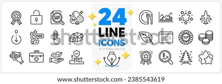 Icons set of Star, Winner ribbon and Lock line icons pack for app with Clapping hands, Scroll down, Dish thin outline icon. Fake internet, Infochart, Plane pictogram. Loyalty award. Vector