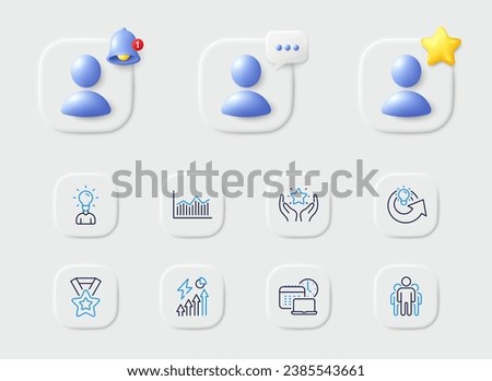 Money diagram, Ranking and Share idea line icons. Placeholder with 3d star, reminder bell, chat. Pack of Electricity consumption, Education, Group icon. Work time, Winner ribbon pictogram. Vector
