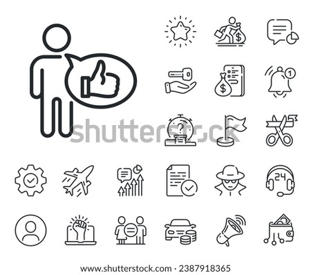 Thumbs up sign. Salaryman, gender equality and alert bell outline icons. Like line icon. Positive feedback, social media symbol. Like line sign. Spy or profile placeholder icon. Vector