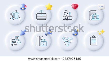 Clipboard, Radiator and Wind energy line icons. Buttons with 3d bell, chat speech, cursor. Pack of Businessman case, Blocked card, Binary code icon. Vector