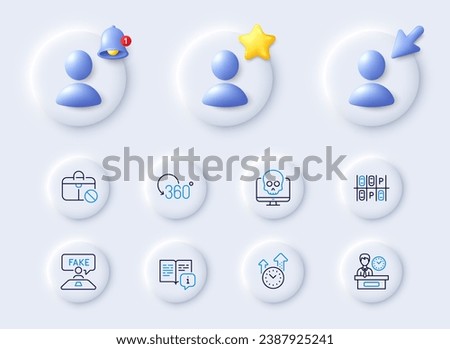 Parking place, Jobless and Manual line icons. Placeholder with 3d cursor, bell, star. Pack of Full rotation, Fake review, Cyber attack icon. Time management, Presentation time pictogram. Vector
