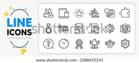 Brand, Clipboard and Star line icons set for app include Compliance, Mobile devices, Online accounting outline thin icon. Report, Video conference, Chemistry lab pictogram icon. Time. Vector