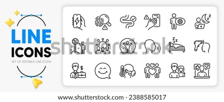 Squad, Dont touch and Smile face line icons set for app include Charging app, Digestion, Sick man outline thin icon. Fingerprint, Human sing, Sleep pictogram icon. Recovered person. Vector