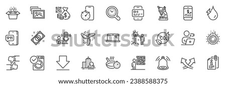 Icons pack as Bitcoin, Photo album and Qr code line icons for app include Microscope, Time management, Attached info outline thin icon web set. Creative idea, Bell alert, Inspect pictogram. Vector