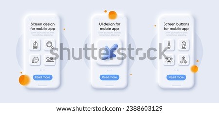 Lock, Marketing strategy and Sale coupon line icons pack. 3d phone mockups with cursor. Glass smartphone screen. Online documentation, Beer bottle, Trophy web icon. Vector