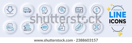 Free delivery, Downloading and Lock line icons for web app. Pack of Stress, Radiator, Qr code pictogram icons. Phone image, Hotdog, Dollar money signs. Gps, Vinyl record, Refund commission. Vector