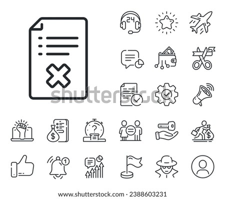 Decline document sign. Salaryman, gender equality and alert bell outline icons. Reject file line icon. Delete file. Reject file line sign. Spy or profile placeholder icon. Vector