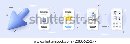 Takeaway coffee, Ssd and Messages line icons pack. Phone screen mockup with 3d cursor. Alert, star and placeholder. Heart, Teapot, Credit card web icon. Vector