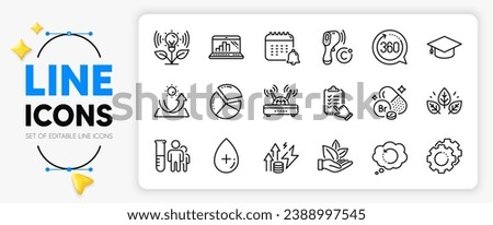 Calendar, Pie chart and Energy inflation line icons set for app include Graduation cap, Settings gears, Organic tested outline thin icon. Oil serum, Recovery data. Yellow 3d stars with cursor. Vector