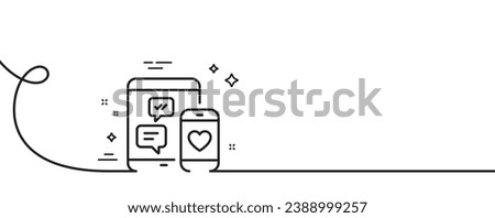 Social media messages line icon. Continuous one line with curl. Mobile devices sign. Smartphone Love message symbol. Social media single outline ribbon. Loop curve pattern. Vector