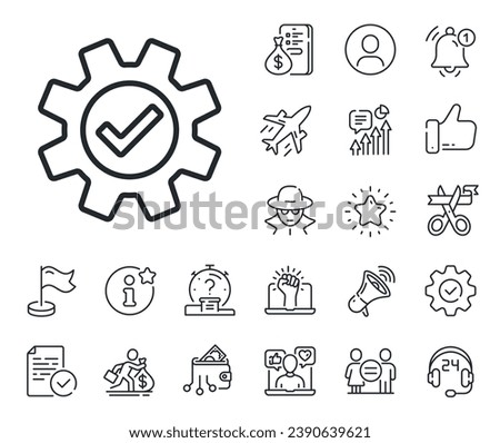 Approved Service sign. Salaryman, gender equality and alert bell outline icons. Cogwheel line icon. Transmission Rotation Mechanism symbol. Service line sign. Spy or profile placeholder icon. Vector