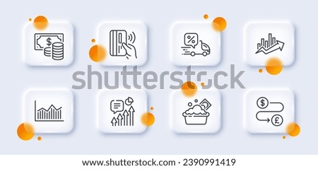 Contactless payment, Growth chart and Money diagram line icons pack. 3d glass buttons with blurred circles. Delivery discount, Coins banknote, Launder money web icon. Kpi pictogram. Vector