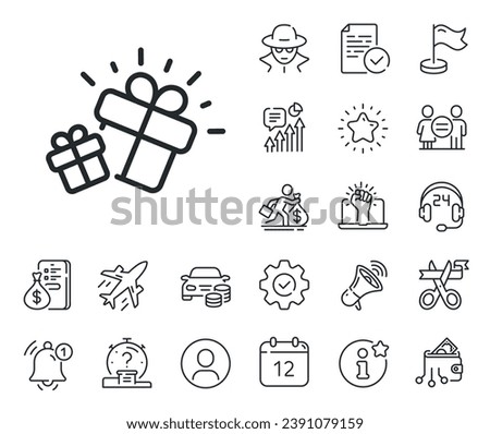 Present box sign. Salaryman, gender equality and alert bell outline icons. Gifts line icon. Brand marketing symbol. Gift line sign. Spy or profile placeholder icon. Online support, strike. Vector