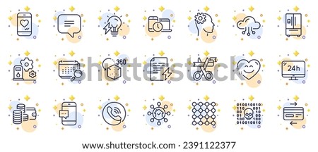 Outline set of Wallet, Filling station and Power certificate line icons for web app. Include Love chat, Augmented reality, Smile chat pictogram icons. Density, Cloud computing, Calendar signs. Vector