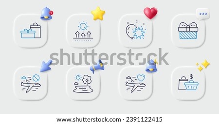 Balloon dart, Gifts and Gift line icons. Buttons with 3d bell, chat speech, cursor. Pack of Sale bags, Lake, Honeymoon travel icon. Sun protection, Cancel flight pictogram. Vector