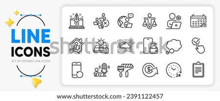 Dollar exchange, Phone wallet and Outsource work line icons set for app include Ethics, Podcast, Talk bubble outline thin icon. Remove team, Recovery phone, Start business pictogram icon. Vector