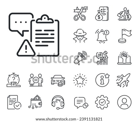 Attention task sign. Salaryman, gender equality and alert bell outline icons. Clipboard document line icon. Survey caution symbol. Clipboard line sign. Spy or profile placeholder icon. Vector
