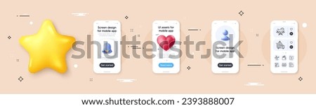 Drone, Documents and Baggage cart line icons pack. Phone screen mockup with 3d bell, star and placeholder. Card, Group, Conversation messages web icon. Debit card, Payment message pictogram. Vector