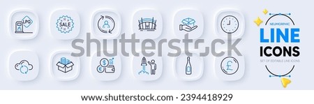 Hold box, Launch project and Gas station line icons for web app. Pack of Champagne, Pound money, User info pictogram icons. Money box, Cloud sync, Currency rate signs. Clock. Vector