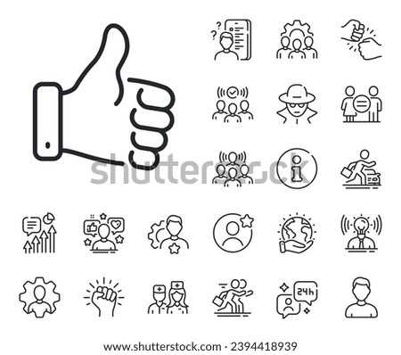 Thumbs up finger sign. Specialist, doctor and job competition outline icons. Like hand line icon. Gesture symbol. Like hand line sign. Avatar placeholder, spy headshot icon. Strike leader. Vector