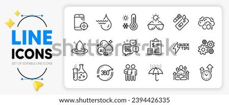 Qr code, Quickstart guide and Weather thermometer line icons set for app include Seo phone, Cogwheel, Hydroelectricity outline thin icon. Co2, Fuel energy, Yoga pictogram icon. Vector