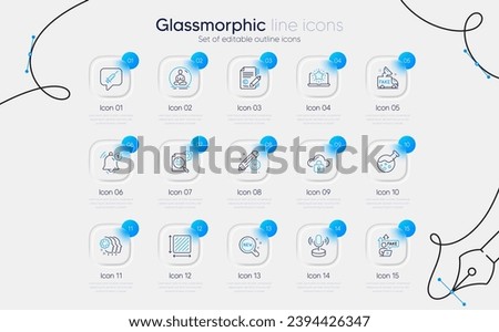 Set of Chemistry lab, Microphone and Yoga line icons for web app. Cloud protection, Employees teamwork, Reminder icons. New products, Project deadline, Fake news signs. Square area. Vector