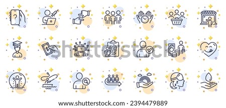 Outline set of Identity confirmed, Group and Lgbt line icons for web app. Include Water care, Safe time, Yummy smile pictogram icons. Fingerprint, Boat fishing, Pay money signs. Vector
