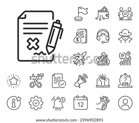 Decline document sign. Salaryman, gender equality and alert bell outline icons. Reject file line icon. Delete file. Reject file line sign. Spy or profile placeholder icon. Vector