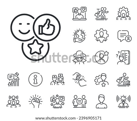 Thumbs up sign. Specialist, doctor and job competition outline icons. Social media likes line icon. Positive smile feedback symbol. Like line sign. Avatar placeholder, spy headshot icon. Vector