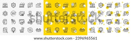 Outline Bitcoin, Atom and Approved shield line icons pack for web with Safe time, Air balloon, Ab testing line icon. Decreasing graph, Thoughts, Support chat pictogram icon. 360 degrees. Vector