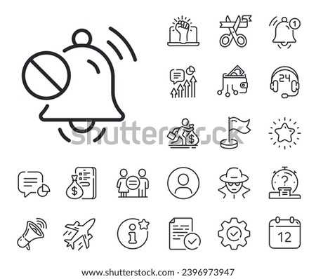 Silence bell sign. Salaryman, gender equality and alert bell outline icons. Mute sound line icon. Turn off music symbol. Mute sound line sign. Spy or profile placeholder icon. Vector
