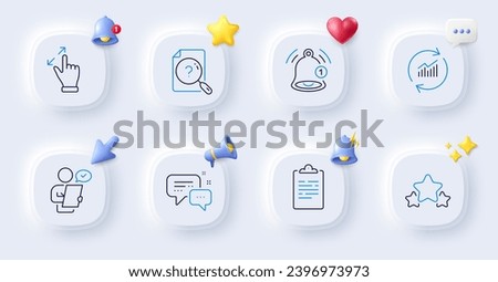 Stars, Update data and Clipboard line icons. Buttons with 3d bell, chat speech, cursor. Pack of Employees messenger, Touchscreen gesture, Search document icon. Vector