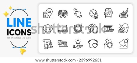 Best result, Open mail and Petrol station line icons set for app include Winner ribbon, Construction document, Pasta dish outline thin icon. Phone messages, Marketplace. Vector