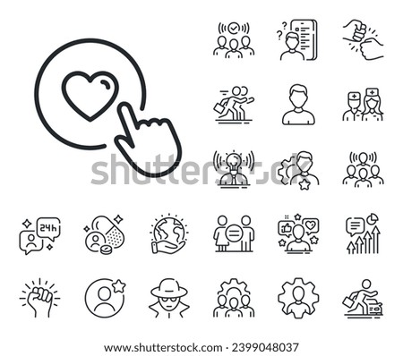 Love button symbol. Specialist, doctor and job competition outline icons. Click like line icon. Valentines day sign. Like button line sign. Avatar placeholder, spy headshot icon. Strike leader. Vector