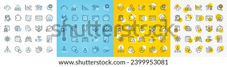 Vector icons set of Seo analysis, Wind energy and Social responsibility line icons pack for web with Qr code, Lotus, Cloud sync outline icon. Safe time, Puzzle, Calendar pictogram. Vector