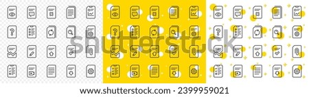 Set of Report, Checklist and Copy icons. Document Management line icons. Download file, Remove and Attach clip symbols. Search, Edit management document and Corrupt report file. Checklist copy. Vector