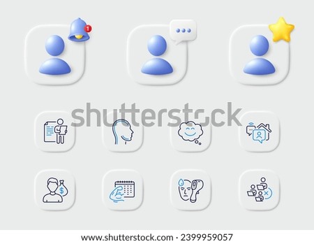Head, Electronic thermometer and Job interview line icons. Placeholder with 3d star, reminder bell, chat. Pack of Smile chat, Fitness calendar, Salary icon. Remove team, Work home pictogram. Vector