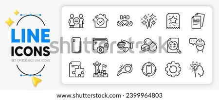 Smartphone target, Smartphone cover and Strategy line icons set for app include Wallet, House security, Loyalty ticket outline thin icon. Volunteer, Fireworks, Idea pictogram icon. Vector