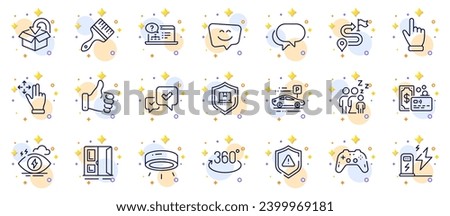 Outline set of Online help, Cursor and Sleep line icons for web app. Include Like hand, Package protection, Open door pictogram icons. Shield, Card, Return package signs. Car parking. Vector