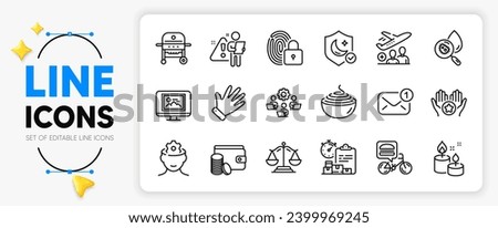 Pasta, Search employee and Hand line icons set for app include Brain working, Food delivery, Lock outline thin icon. Passenger, Teamwork, Delivery report pictogram icon. Justice scales. Vector